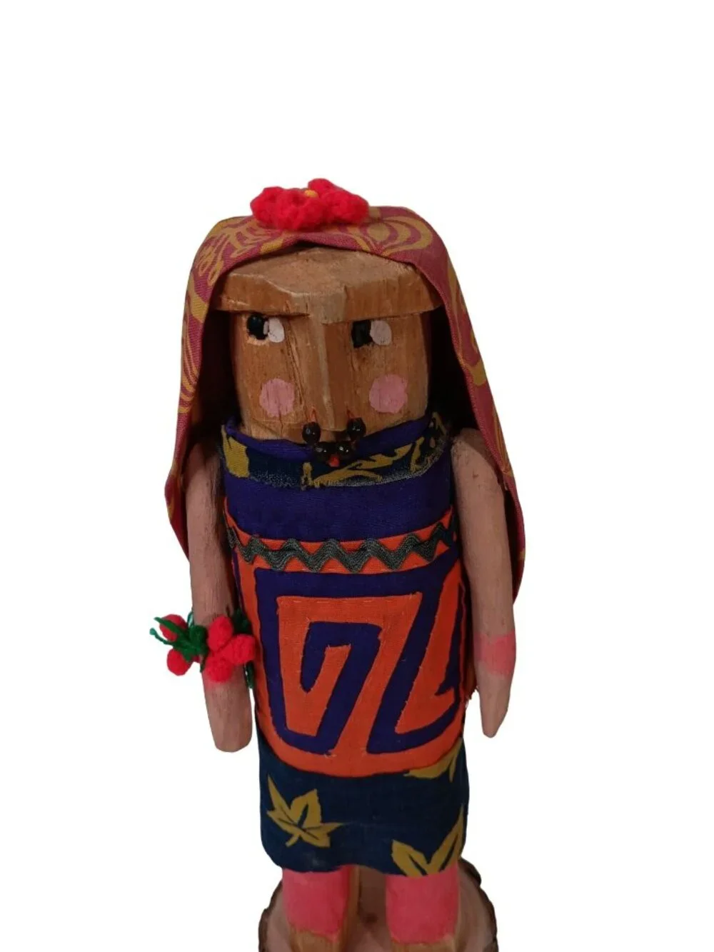 Handcrafted Wooden Tribal Folk Art Doll With Hand-Painted Details & Fabric Dress